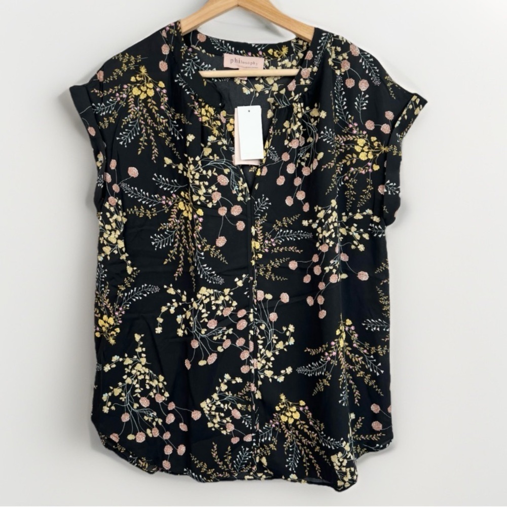Philosophy Womens Black Floral V-Neck Cuffed Short Sleeve Blouse Bohemian Size M